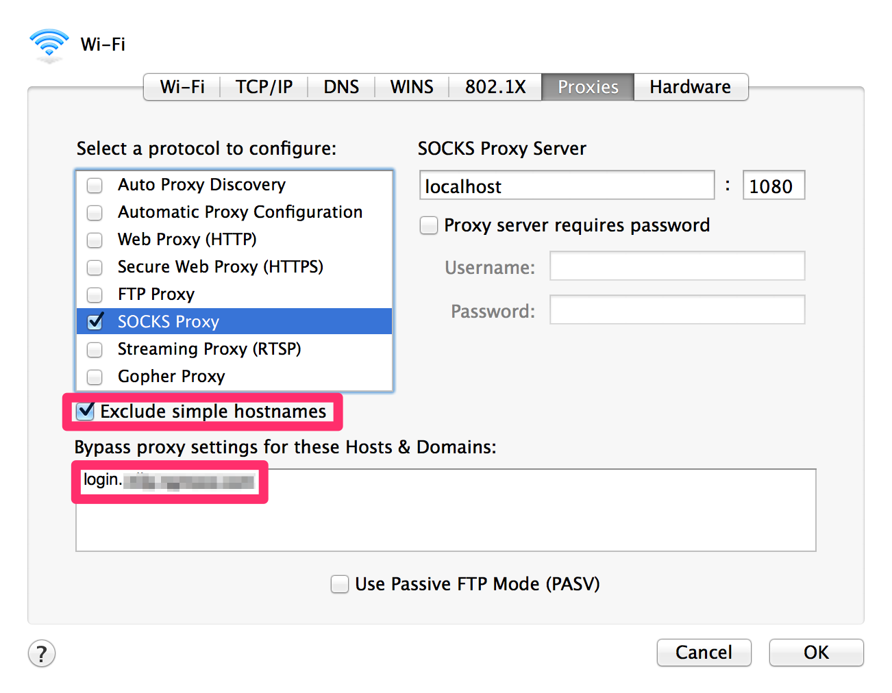 Macのネットワーク環境設定におけるSOCKS Proxyの設定